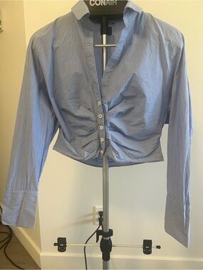 Zara Blue & White Pinstripe Cropped Button-Down Shirt